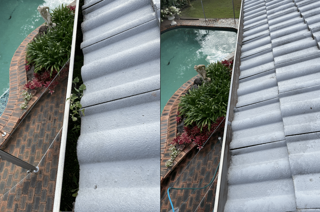before and after cleaning gutter with swimming pool on the side